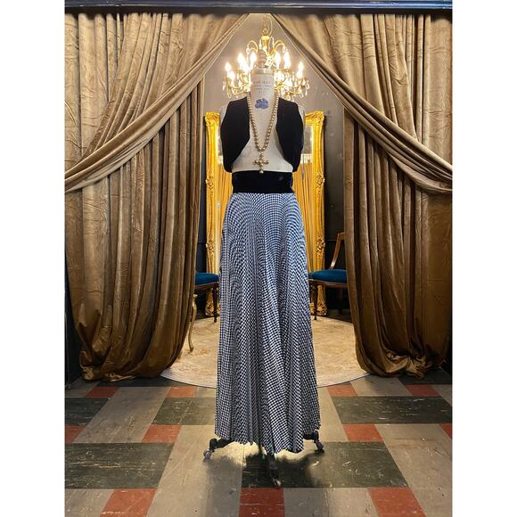 vintage 1970s 2 piece maxi skirt and cropped vest, accordion pleat gingham, xs - Picture 1 of 10
